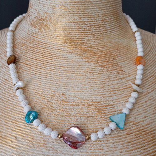 Handmade women's necklace with mother of pearl and lava stone new