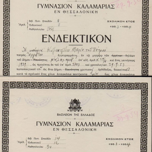 Annual report used of 23 students Gymnasium Kalamaria 1954-55