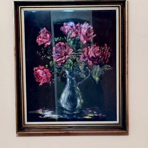 Oil painting 'Bouquet of Roses' in solid frame with glass