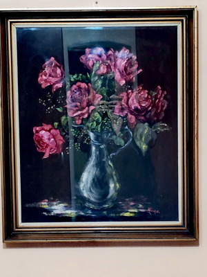 Oil painting 'Bouquet of Roses' in solid frame with glass