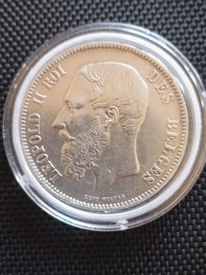Silver Belgian coin 5 francs 1873 Leopold II like new