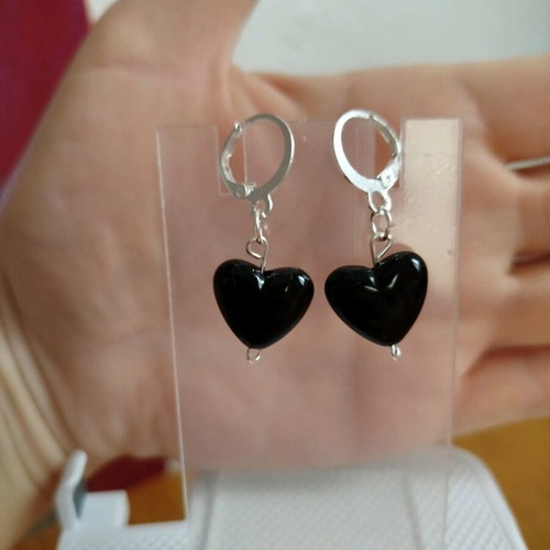 Handmade hypoallergenic earrings new with silver hoops and black hearts