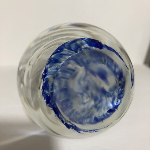 Hand Blown Art Glass Blue Spiraled Egg Paperweight, large