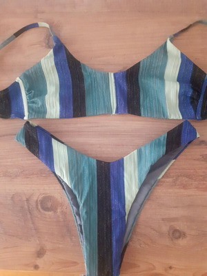 Hello Bikini striped bikini swimwear set like new, blue-green-black