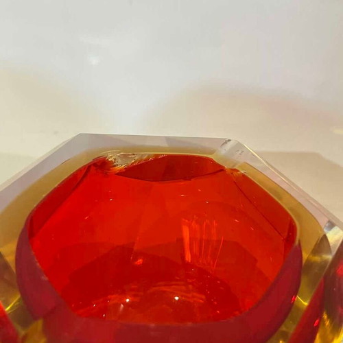 Murano crystal ashtray set 2 used, red orange shade 6x11x11