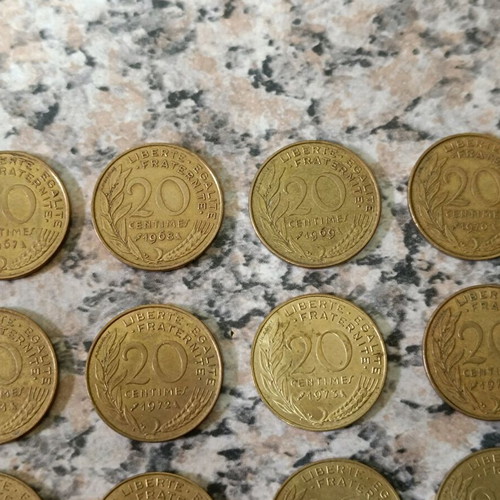French coin collection used, 13 pieces 20 centimes 1967-1979