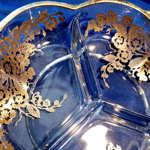 Vintage glass divided serving dish 20 cm with silver decoration like new