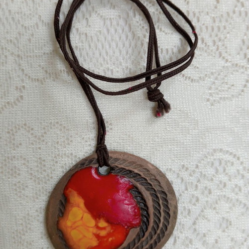 Necklace handmade with polymer clay and melted glass pendant, new