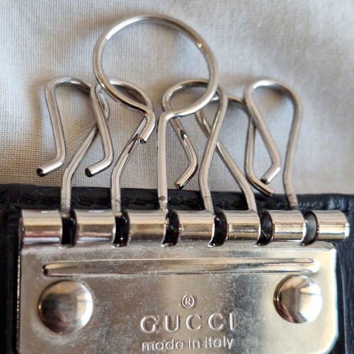 Gucci Vintage Black Leather Key Case Holder with 6 Hooks, Logo GG