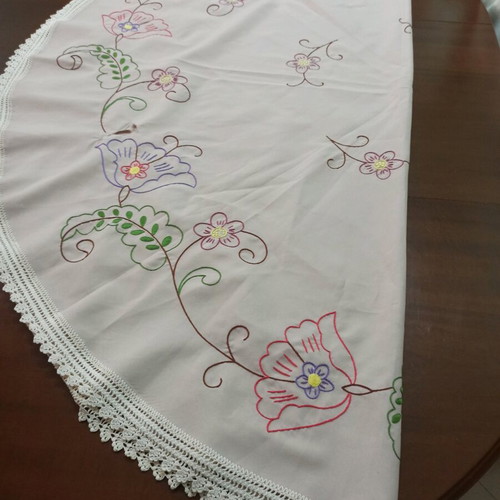 Tablecloth with lace used, embroidered floral design, beige