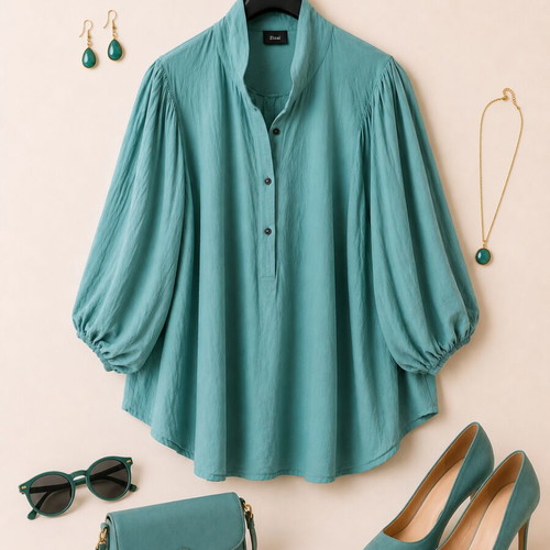 Zizai turquoise blouse with textured fabric and puff sleeves