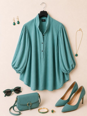 Zizai turquoise blouse with textured fabric and puff sleeves