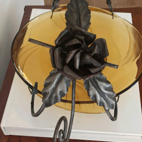 Vintage fruit bowl with a forged iron base & amber glass bowl