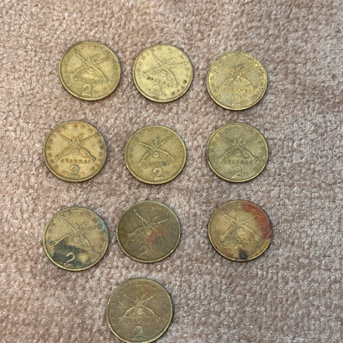 Set of used Greek 2 Drachma coins with Georgios Karaiskakis