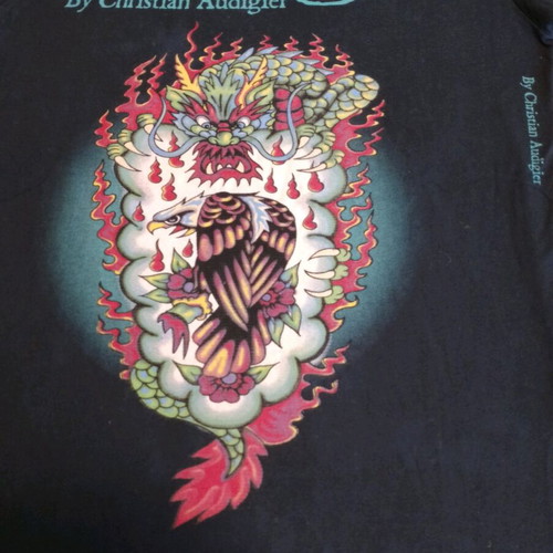 Ed Hardy T-shirt used in good condition, size S, black with multicolor design