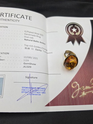 Silver 925 ring with natural Baltic amber 35 ct, like new