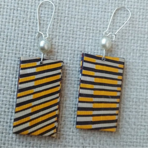 Double-sided earrings handmade from recycled paper, red and yellow