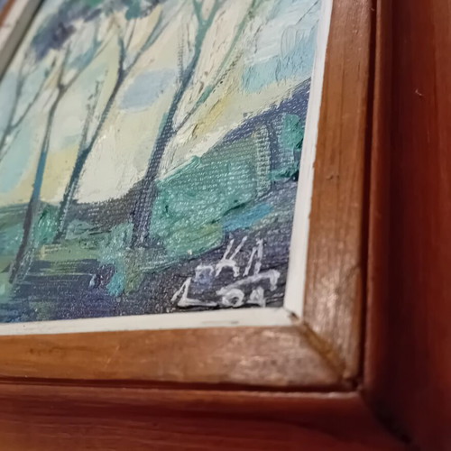 Original oil painting "Landscape in Blue" by Krasimir Doychev with wooden frame