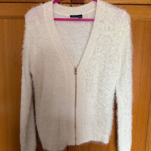 White cardigan with gold zipper and fluff new, size S