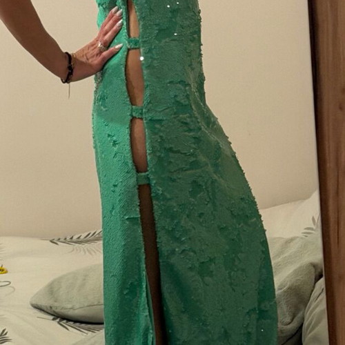 Stefania Vaidani green dress with sequins and side cutouts size small new