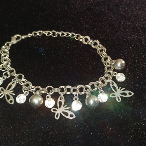 Silver shiny bracelet with butterflies and rhinestones like new