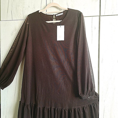 ZARA Special Edition dress with tulle and beads new, brown, size L