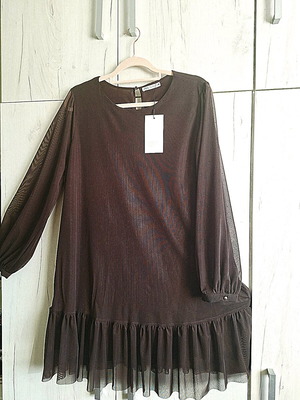 ZARA Special Edition dress with tulle and beads new, brown, size L