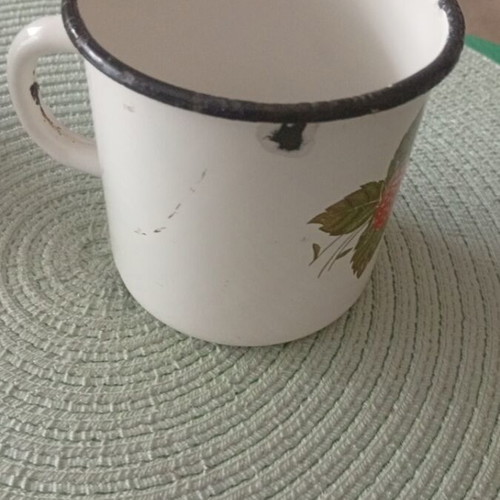 Vintage enamel mug used, Soviet Union 1960-70, breakfast cup