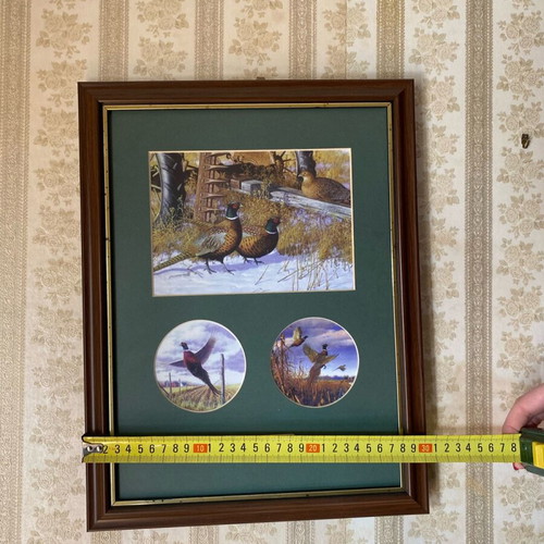 Decorative collection painting with pheasants in wooden frame like new