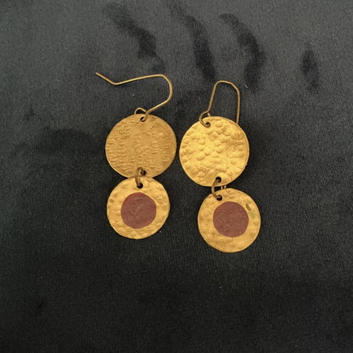 Handmade earrings in gold tone like new with purple enamel detail