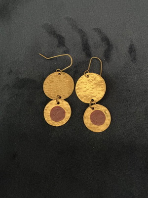 Handmade earrings in gold tone like new with purple enamel detail