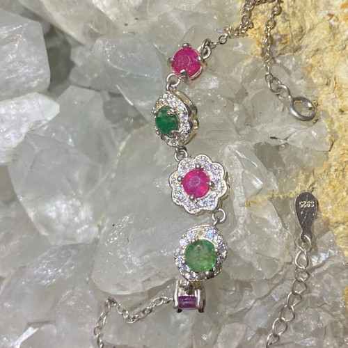Handmade silver bracelet with natural emerald, ruby and moissanite