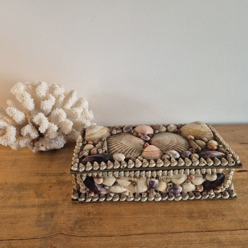 Handmade Seashell Jewelry Box, 1970s Vintage Folk Art Trinket Box