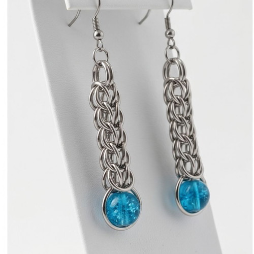 Chainmaille Full Persian Earrings with Blue Bead, new, steel