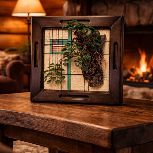 Handmade picture with bonsai tree of copper wire and wood new