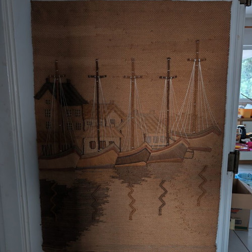 Vintage handmade wall tapestry with sailboats used, large decorative