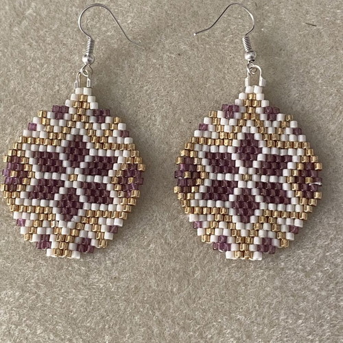 Handmade Miyuki Earrings with Geometric Purple and Gold Pattern