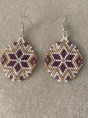 Handmade Miyuki Earrings with Geometric Purple and Gold Pattern