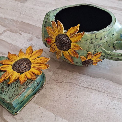 Handmade Sunflowers Clay Set 2 Pieces New