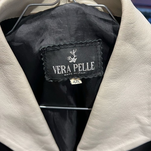 Leather jacket used, Italian, black with white collar, size 48