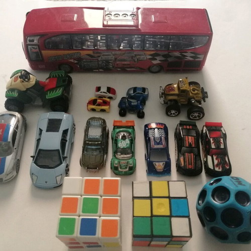 Collection of games! Toy cars, tops, Rubik's cubes, Moonball, etc.