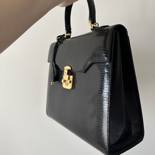 Gucci Lady Lock lizard skin shoulder bag used, large, black