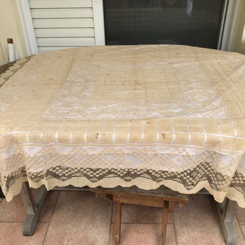 Antique embroidered tablecloth used, Venetian style