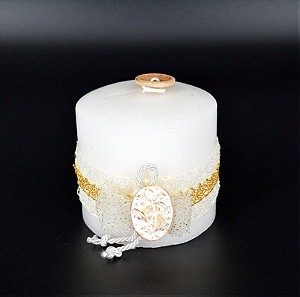 Χειροποίητο Διακοσμητικό – Χριστουγεννιάτικo Κερί – Λευκό Κερί Φ90mm * 90mm Με Λευκή / Χρυσή Κορδέλα