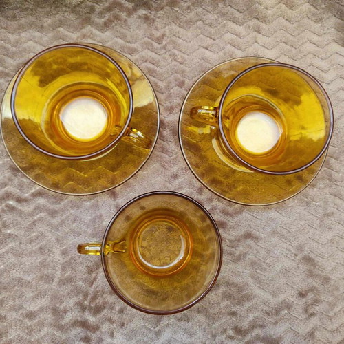 Bormioli VitroSax Italy cups and plates used, set of 5, vintage '70