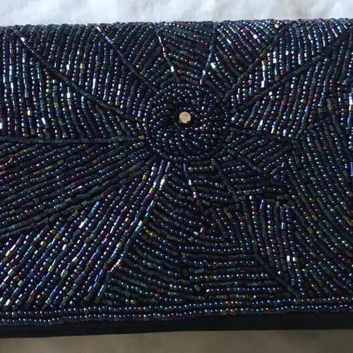Mandarini evening bag clutch with iridescent beads new, blue satin