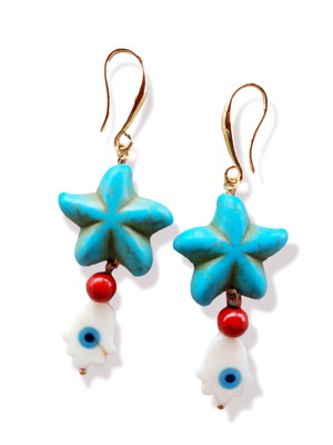 18k Gold Plated Earrings with Howlite Starfish New