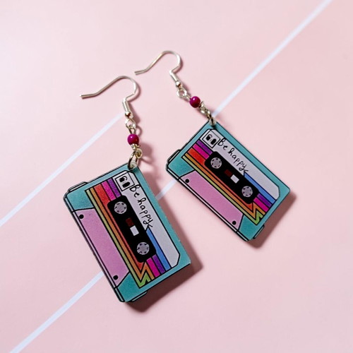 Retro Cassette Be Happy Handmade Earrings