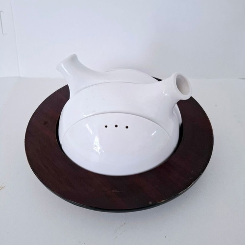 Porcelain condiment set for salt, pepper, oil, vinegar on wooden base like new
