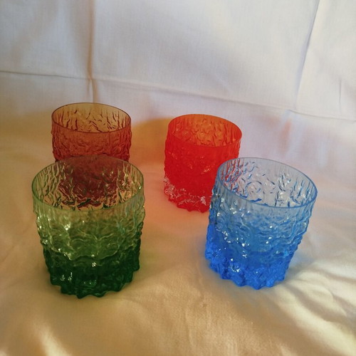 Vintage colored glasses used, set of 4 with embossed texture